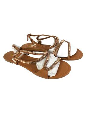 Wanted Womens Sandals Strappy Faux Leather Gold Trim Brown Size 9